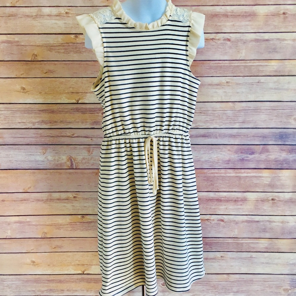 Monteau Girl Knit Cream and Navy Stripe Dress. - Picture 2 of 4